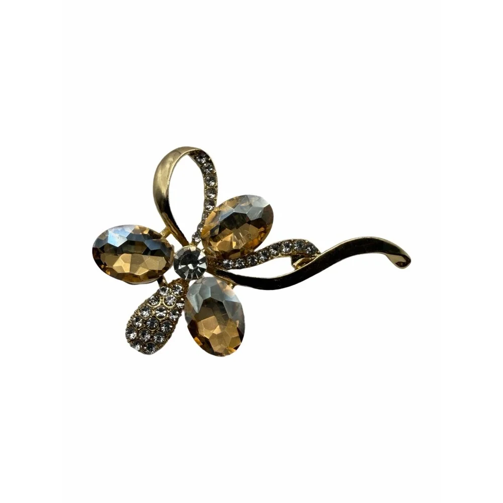 Gold Tone Champagne Crystal Flower Brooch Rhinestone Floral Pin Elegant